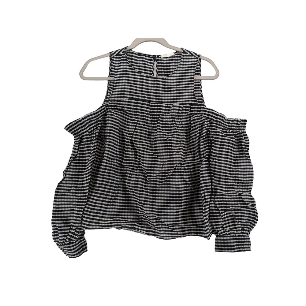 H&M Checked Blouse XS Black White Cold‎ Shoulder Ruffle Long Puff Sleeve Office